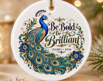 Custom Name Ornament, White Ceramic Peacock Christmas Keepsake, 2026 Jewel Tone Design