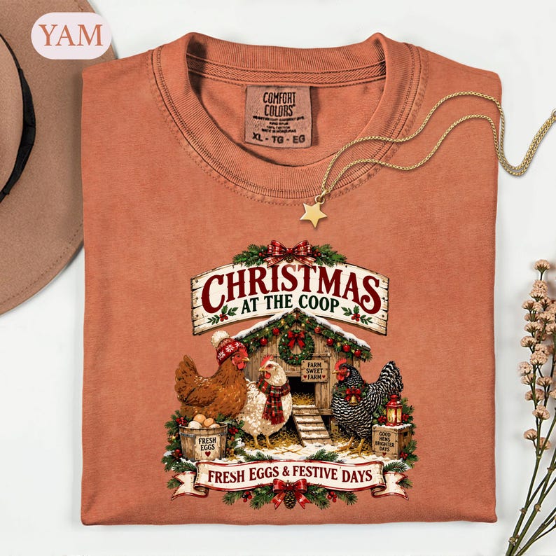Christmas Chicken Shirt, Farmhouse Holiday Tee, Chicken Lover Gift, Festive Coop Graphic