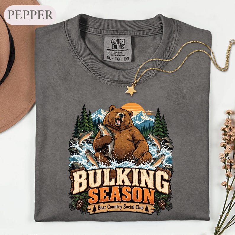 Bulking Season Bear Shirt, Funny Gym Fishing Tee, Outdoorsy Animal Lover Gift