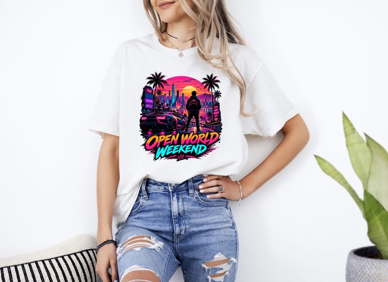 Open World Gamer Shirt, Synthwave Gaming Tee, Retro Neon Video Game Graphic, Gamer Gift