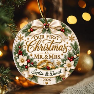 Married Christmas Ornament, Personalized First Year Keepsake with Custom Names