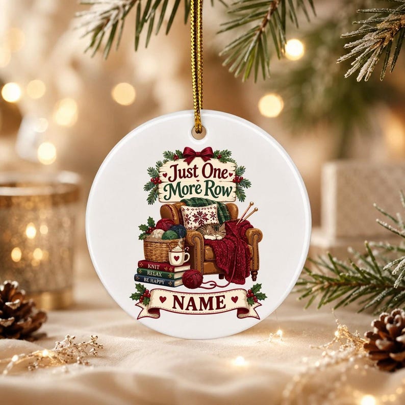 Personalized Knitting Ornament, Custom Knitter Keepsake, Cozy Cat Christmas Ornament