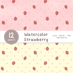 May include: A digital collection of 12 watercolor strawberry papers featuring a repeating pattern of red strawberries and small dots on light pink and pale yellow backgrounds. The text reads 777 Creative Corner, 12 papers, Watercolor Strawberry, 12'x12' - 300 DPI - PNG high qualirty.