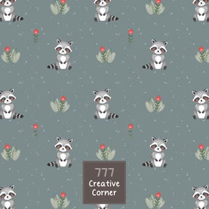 Woodland Raccon Seamless Pattern Digital Paper, Raccon Fabric Design, Forest Background, Wild Animals Nursery Decor JPG