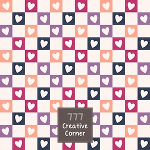 May include: A repeating pattern of squares in shades of dark blue, magenta, and light peach, each containing a centered white heart. A dark gray square overlay in the lower center displays the white text 777 Creative Corner.