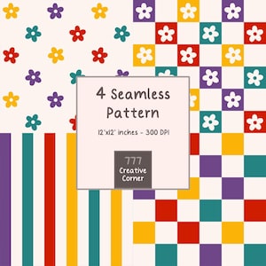 May include: A digital collection of four seamless patterns featuring floral motifs, checkered squares, and vertical stripes in red, yellow, teal, and purple. A central text box displays 4 Seamless Pattern, 12x12 inches - 300 DPI, and 777 Creative Corner.