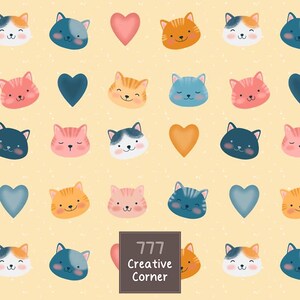 Pode incluir: Um padrão repetitivo num fundo amarelo claro com rostos de gato estilizados em várias cores, incluindo laranja, rosa, azul e branco, intercalados com corações. Um quadrado escuro contém o texto 777 Creative Corner.