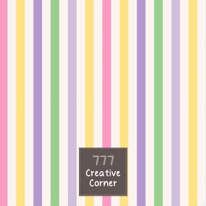 May include: A repeating vertical striped pattern featuring alternating colors of pink, yellow, light purple, and light green on a white background. A dark gray square is centered at the bottom with the text 777 Creative Corner in white.