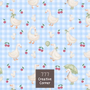 Silly Goose Cherry Gingham Seamless Pattern, Cute Cottagecore Fabric Design, Goose Themed Digital Papers, Silly Goose Gingham Pattern Design