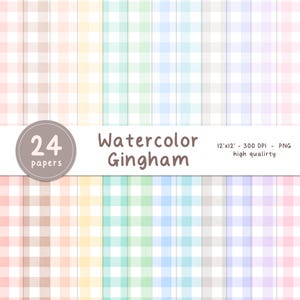 Pode incluir: Uma coleção digital de 24 papéis com padrão xadrez vichy em aquarela em várias cores pastel, incluindo pêssego, amarelo, verde, azul, cinza, roxo e rosa. O texto diz 777 Creative Corner, 24 papers, Watercolor Gingham, 12'x12' - 300 DPI - PNG high qualirty.