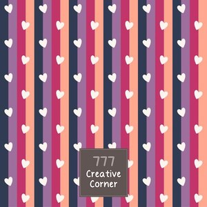 May include: A repeating pattern of vertical stripes in shades of dark blue, magenta, purple, and light orange, featuring small white hearts centered within each stripe. A dark gray square overlay displays the white text 777 Creative Corner.
