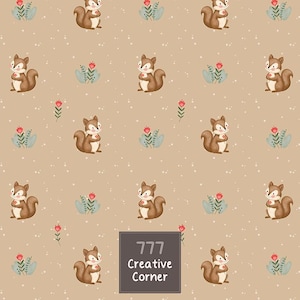 May include: A repeating pattern on a light brown background featuring brown squirrels holding small red flowers, interspersed with green leafy sprigs and white dots. A dark gray square contains the white text 777 Creative Corner.