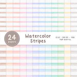 Pode incluir: Uma coleção digital de 24 papéis de aguarela com riscas horizontais num gradiente arco-íris. A imagem inclui o texto 777 Creative Corner, 24 papers, Watercolor Stripes e 12x12 - 300 DPI - PNG high quality.