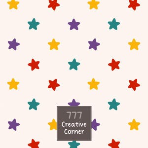 May include: A repeating pattern of five-pointed stars in red, yellow, purple, and teal on a light cream background. A dark gray square is centered in the lower portion, featuring the text 777 Creative Corner in a white sans-serif font.