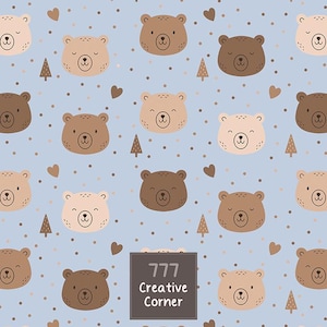 May include: A light blue fabric pattern featuring repeating illustrations of bear faces in various shades of brown and beige, interspersed with small brown hearts, dots, and pine trees. A dark gray square contains the text 777 Creative Corner.