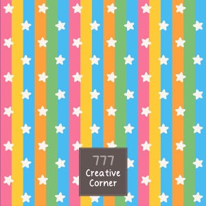 Pode incluir: Um padrão repetitivo de listras verticais em rosa, amarelo, azul, laranja e verde, com pequenas estrelas brancas de cinco pontas. Um quadrado cinza escuro no centro inferior exibe o texto branco 777 Creative Corner em fonte sem serifa.