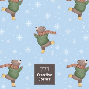 Teddy Bear Seamless Pattern Digital Paper, Watercolor Bear Repeating File Fabric Design, Skating Bear Wrapping Paper Nursery Decor JPG