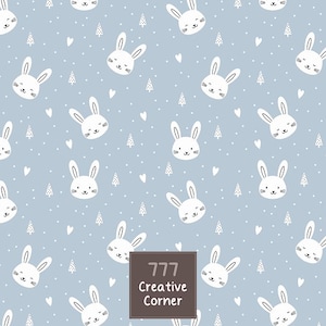 Bunny Seamless Pattern | Bunny Faces Blue Fabric Design | Rabbit Repeat Tile Digital Download | White Rabbit Heads Modern Blue Pattern