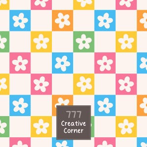 May include: A repeating pattern of squares in blue, yellow, green, pink, and orange, each containing a white five-petaled flower. A dark gray square overlay in the lower center displays the white text 777 Creative Corner.
