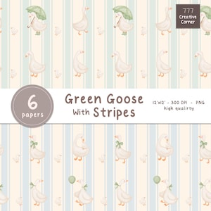 Pode incluir: Um padrão digital com gansos brancos sobre um fundo de listras verticais azul-claras e creme. Alguns gansos seguram guarda-chuvas ou balões verdes, outros usam laços verdes. Texto: 777 Creative Corner, 6 papers, Green Goose With Stripes, 12x12 - 300 DPI - PNG high qualirty.