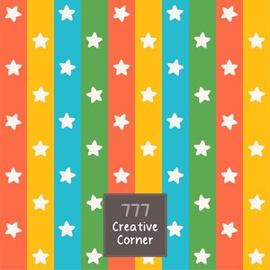 May include: A repeating pattern of vertical stripes in orange, yellow, blue, and green, featuring small white five-pointed stars distributed across the surface. A dark gray square in the center displays the white text 777 Creative Corner.