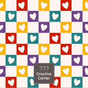 May include: A repeating pattern of squares in red, yellow, teal, and purple, each containing a white heart. A dark gray square overlay in the center displays the white text 777 Creative Corner. The design features a grid of colorful blocks.
