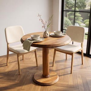Puede incluir: Una mesa redonda de madera con pedestal y dos sillas con asientos tapizados en color crema claro y marcos de madera. La mesa está puesta con dos cuencos de cerámica sobre platos, una servilleta verde claro doblada y un jarrón con flores rosas.