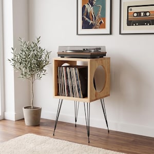 Mesa para tocadiscos de madera maciza, mueble compacto para tocadiscos con almacenamiento para vinilos, soporte para discos LP con patas de horquilla para apartamentos y pequeñas salas de música.