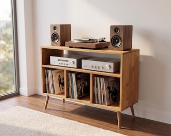 Platenspelerstandaard, platenspeler, opbergkast voor vinylplaten, massief houten audiorek, LP-organizer, handgemaakte mediaconsole