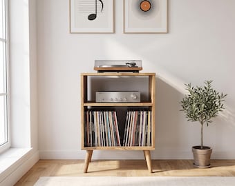 Kompakt skivspelarställ, skivspelare och förstärkarhylla, vertikalt förvaringsskåp för vinyl, ljudställ i massivt trä från mitten av århundradet