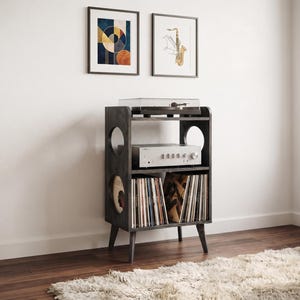 Narrow Record Player Stand with Vinyl Storage, Mid Century Turntable Cabinet, Solid Wood Audio Console with Receiver Shelf