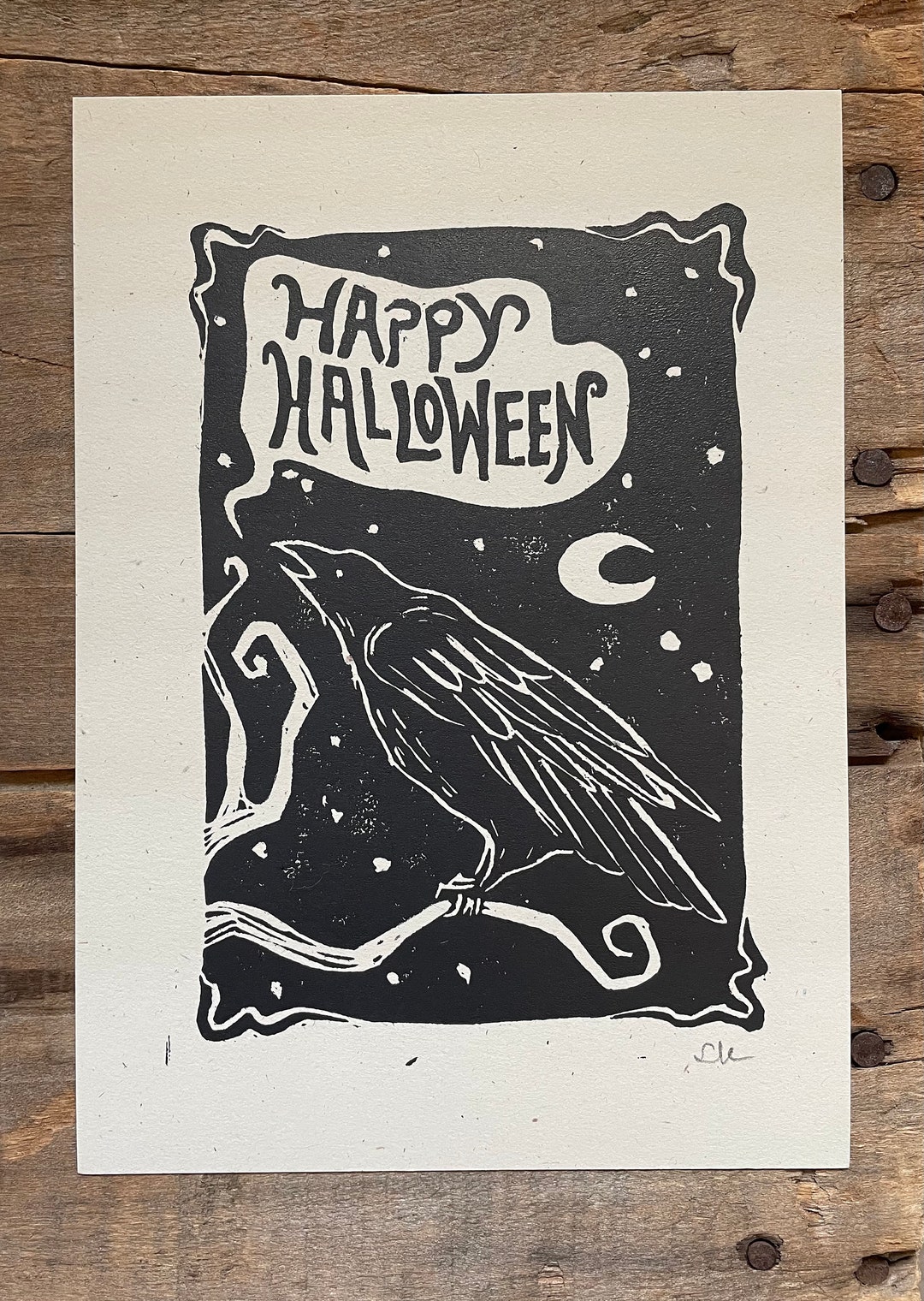 Happy Halloween Crow Block Print - Etsy