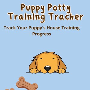 Pode incluir: Um documento digital azul claro Puppy Potty Training Tracker com texto castanho que diz Puppy Potty Training Tracker e Track Your Puppy's House Training Progress. Inclui um cachorro dourado de desenho animado, um osso e uma pata.