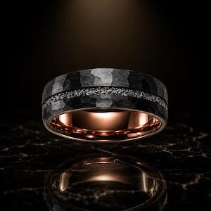 Black Hammered Tungsten Ring, Rose Gold Interior, Meteorite Inlay Men's Band