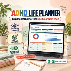 May include: A digital ADHD life planner displayed on a laptop screen, featuring a dashboard with progress charts, task lists, and reminders. The interface includes sections for brain dumps, next steps, and energy planning, compatible with Google Sheets and Excel.