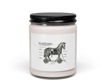 Kerze mit Trojanischem Pferd-Motiv, Griechische Mythologie, Mythcore Sojakerze