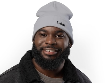 Calm embroidered Knit Beanie | minimalist text cuff hat