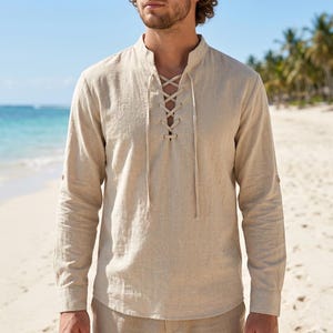 Camisa masculina de linho e algodão, manga comprida, com botões, estilo casual, praia, vintage, clássico e elegante. imagem 2