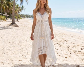 Boho Spets Maxiklänning Lång Vit Ärmlös Sommar Strandsemester Trädgårdsfest Outfit
