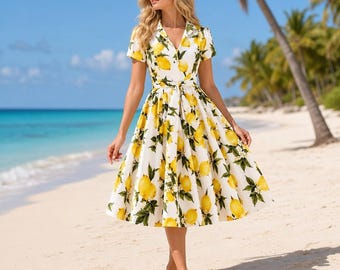 Vestido midi vintage em algodão com estampa de limões, estilo retrô dos anos 50, casual, elegante e atemporal para o verão.