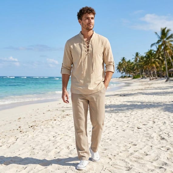 Mens Linen Cotton Shirt Long Sleeve Button Up Casual Beach Vintage Old Money Style