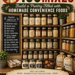May include: A pantry organization guide titled 100 Homemade Mixes featuring a checklist, shelves of glass jars filled with dry ingredients, and labeled bags of flour and sugar. The text includes The Valleroy Homestead Collection and The Farmhouse Dry Goods Pantry.