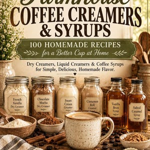 Op de afbeelding: Een boekomslag getiteld The Valleroy Homestead Collection Farmhouse Coffee Creamers & Syrups, met 100 zelfgemaakte recepten. De afbeelding toont glazen potten met koffiemelk en siroop, een keramische mok met koffie en kaneelstokjes.