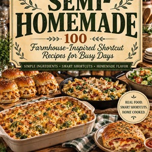 Puede incluir: Un libro de cocina titulado The Valleroy Homestead Collection Semi-Homemade 100 Farmhouse-Inspired Shortcut Recipes for Busy Days. La portada muestra imágenes de un gratinado de brócoli, pasta en sartén, panecillos y un pan relleno.