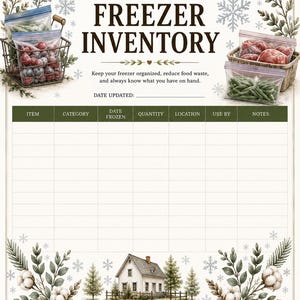 Pode incluir: Uma folha impressa de inventário de congelador intitulada The Valleroy Homestead Collection Quick Farmhouse Log. A página apresenta uma grelha para registar alimentos, decorada com ilustrações de cestos, sacos de congelação e uma casa.