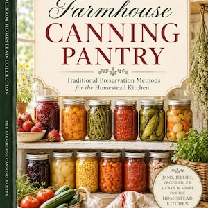 Puede incluir: Un libro de tapa dura titulado The Farmhouse Canning Pantry de la colecci&oacute;n The Valleroy Homestead. La portada muestra dos estantes llenos de frascos de vidrio con frutas y verduras en conserva, con texto sobre m&eacute;todos tradicionales.