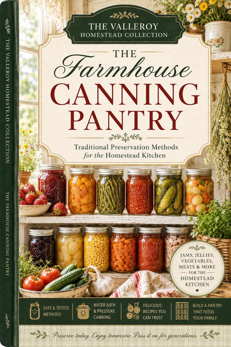 Puede incluir: Un libro de tapa dura titulado The Farmhouse Canning Pantry de la colecci&oacute;n The Valleroy Homestead. La portada muestra dos estantes llenos de frascos de vidrio con frutas y verduras en conserva, con texto sobre m&eacute;todos tradicionales.