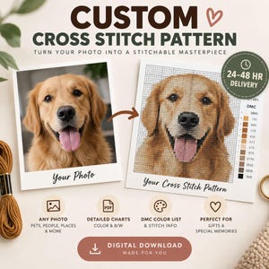 May include: A custom cross stitch pattern service featuring a photo of a golden retriever next to its corresponding grid-based cross stitch design. The image includes text labels, a DMC colour list, and icons for digital download options.