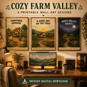 Könnte beinhalten: Ein Set aus sechs druckbaren Wandkunst-Designs mit dem Titel COZY FARM VALLEY. Drei gerahmte Drucke hängen an einer Wand und zeigen Illustrationen von einem Bauernhofmorgen, einem sonnigen Tag auf dem Bauernhof und ruhigen Tälern bei Nacht.