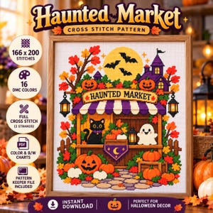 Halloween Cross Stitch Pattern, Haunted Market Sampler, Gothic Fall PDF